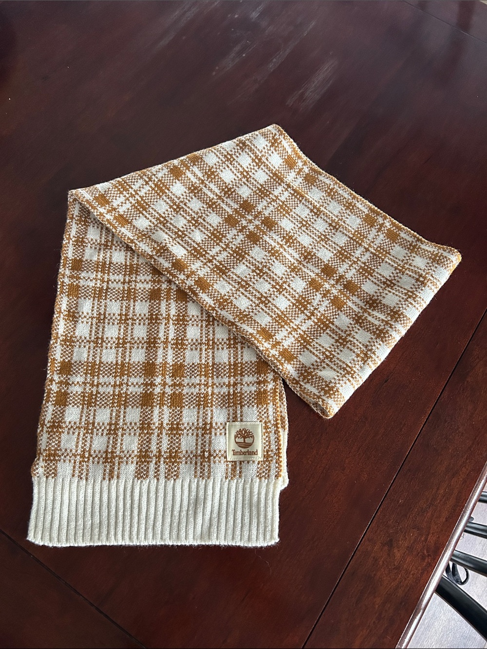 Timberland Cream and Mustard Plaid Knit Scarf
